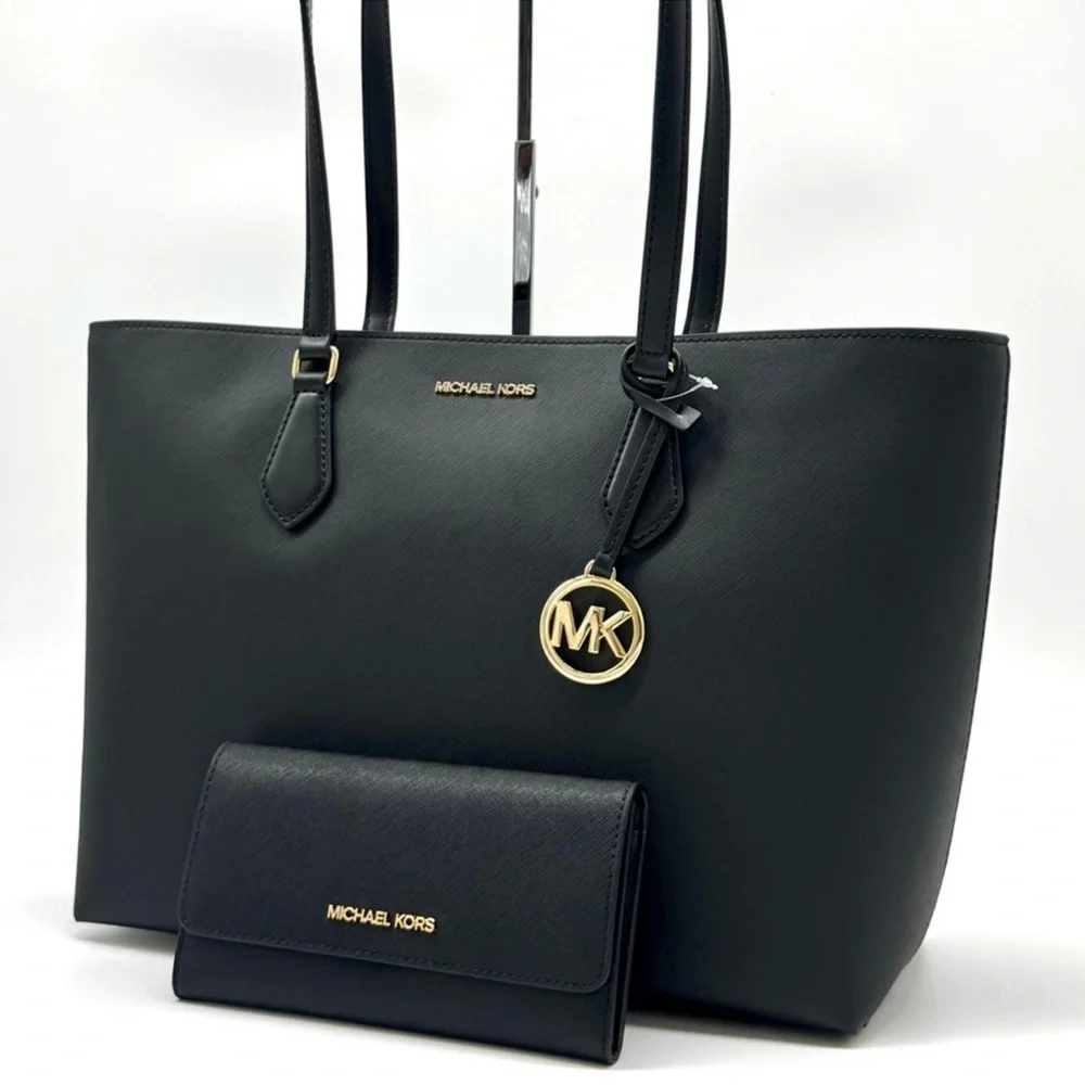 Michael Kors Sheila Large Logo Tote Bag & Matching Trifold Wallet Black/Gold